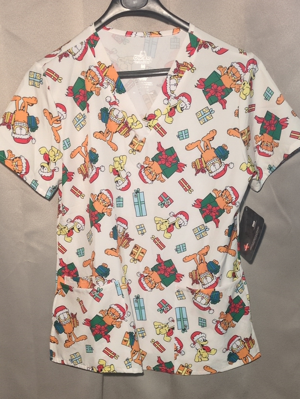 Garfield Holiday Print V-Neck Scrub Top